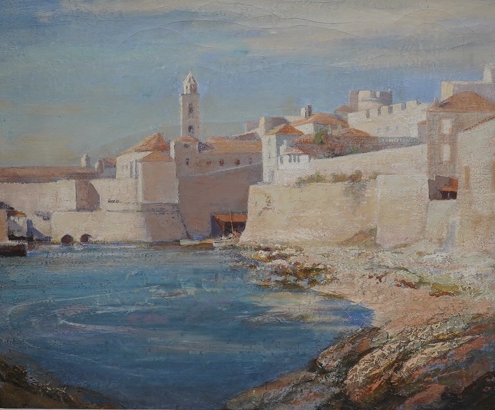 Arthur Croft Mitchell (1872-1956), impasto oil on canvas, 'No. 4, Ragusa from the rocks', unsigned, inscribed verso, 49 x 60cm. Condition - fair, craquelure throughout